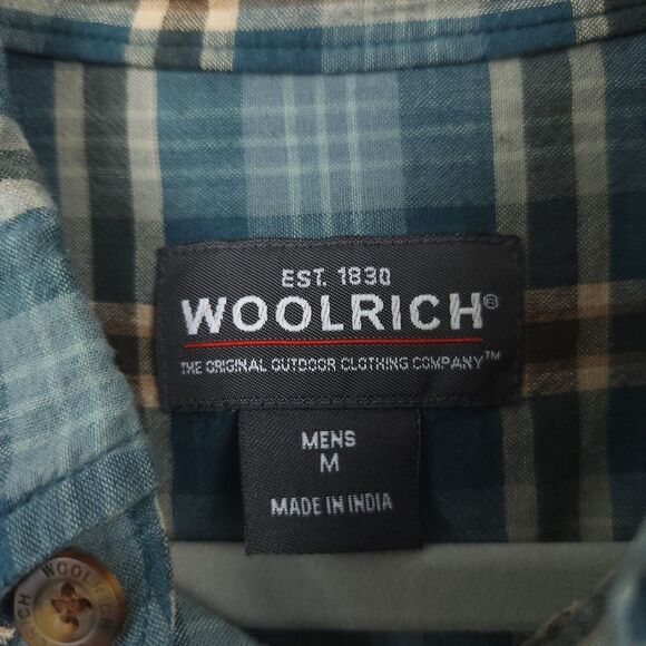 Woolrich Shirt Men's Medium Blue Plaid Button Down Short Sleeve 100% Cotton - Picture 5 of 11